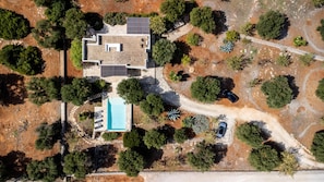 An aerial view of a modern house with a swimming pool, surrounded by trees and a clear driveway.