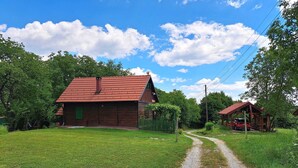 Ländliche Szenerie mit einem Holzhaus, einem Schotterweg und üppigem Grün.