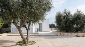 A modern building with a white facade, a stone wall, and a tree in the foreground. - Villa Degli Ulivi con Piscina by Wonderful Italy (Ostuni)