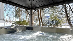 Un jacuzzi con vistas a árboles nevados y un cielo despejado.