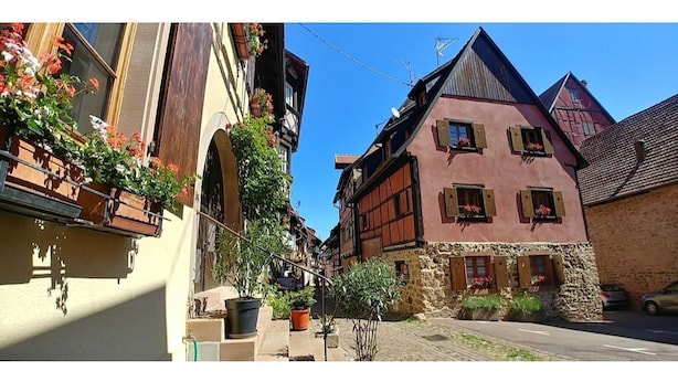 A narrow street with traditional half-timbered houses, a cobblestone path, and a clear blue sky.