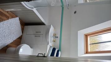 Hair dryer, towels, soap, shampoo