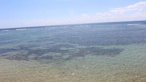 Vista despejada de una playa con aguas tranquilas y una costa lejana.
