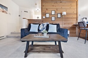 Smart TV, fireplace, books