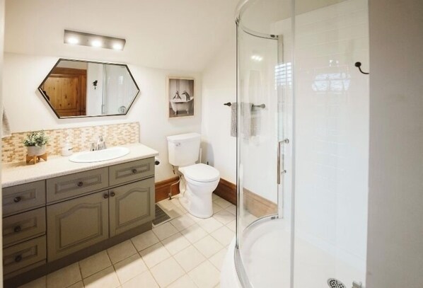A bathroom with a glass-enclosed shower, a white sink, and a toilet. - Charming, private 1 BR - just mins to Collingwood! (Collingwood)