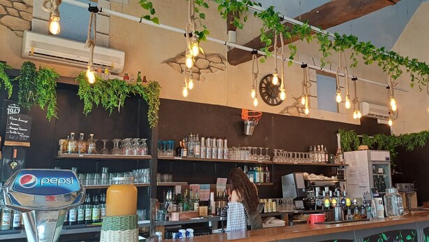 A bar with a rustic interior, featuring exposed brick walls, hanging plants, and a variety of bottles and glasses on shelves. - Mobilhome INTUITION pond view, 4 *, near Beauval Zoo and Loire castles  (Veuzain-sur-Loire)