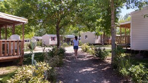 A pathway leading to mobile homes with a wooden deck on the left and a covered area on the right. - Mobilhome INTUITION pond view, 4 *, near Beauval Zoo and Loire castles  (Veuzain-sur-Loire)