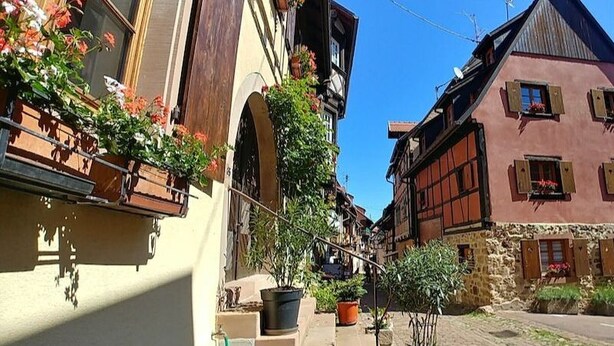 A narrow street with traditional half-timbered houses, a cobblestone path, and a clear blue sky. - L'Alsacienne - cosy gite (Eguisheim)