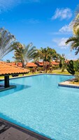 Una piscina azul cristalina rodeada de palmeras y edificios con tejados rojos.