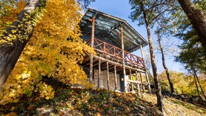 A rustic cabin with a metal roof and wooden beams, surrounded by autumn foliage. - Fisherwaters Resort (Camdenton)