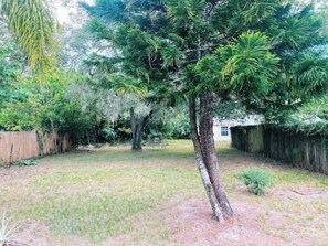 Enjoy a serene yard with a mature tree and a wooden fence.