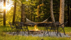 A hammock set up between two chairs with a fire pit in the center, surrounded by trees. - Rivers Ledge Cabin with Sauna and Hot Tub (Barrville)