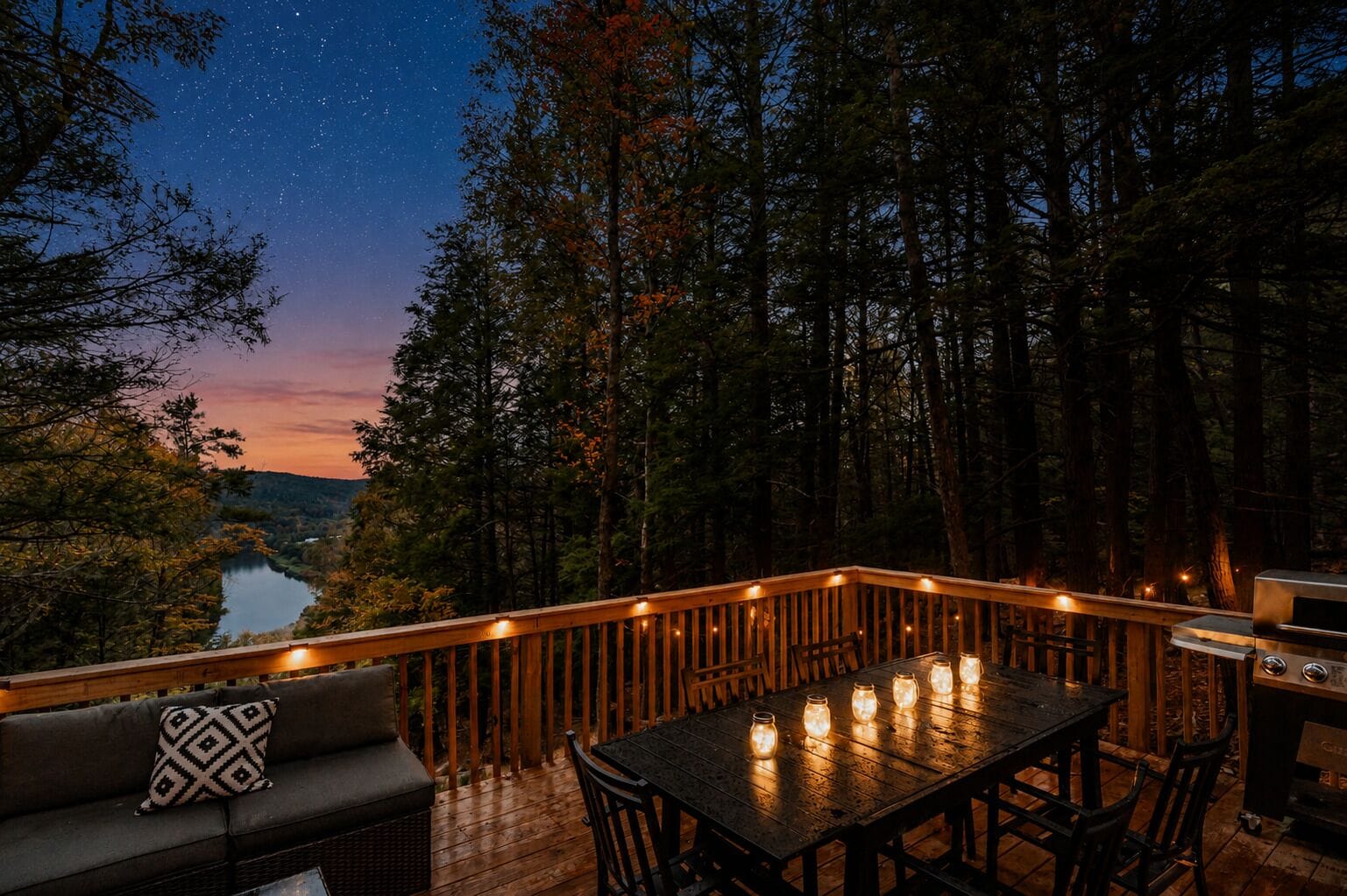 Une terrasse extérieure avec une table et des chaises, entourée d’une rambarde en bois, donnant sur une zone boisée avec un lac en arrière-plan.