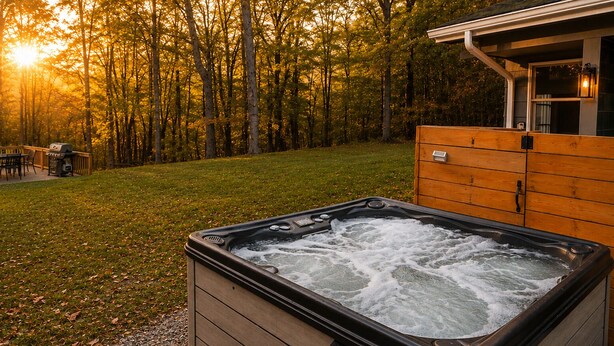 Ein Whirlpool in einem Garten mit einer Holzterrasse und Blick auf einen Wald.