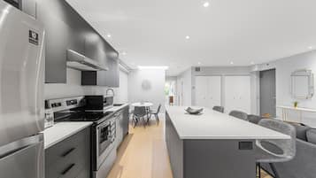 Executive Apartment | Private kitchen | Full-size fridge, microwave, oven, stovetop