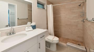 Combined shower/tub, hair dryer, towels