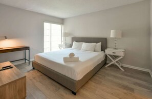 2 bedrooms, premium bedding, memory foam beds, desk