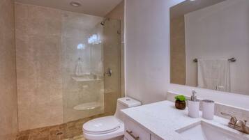 Combined shower/tub, hair dryer, towels