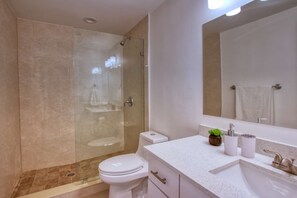 Combined shower/tub, hair dryer, towels