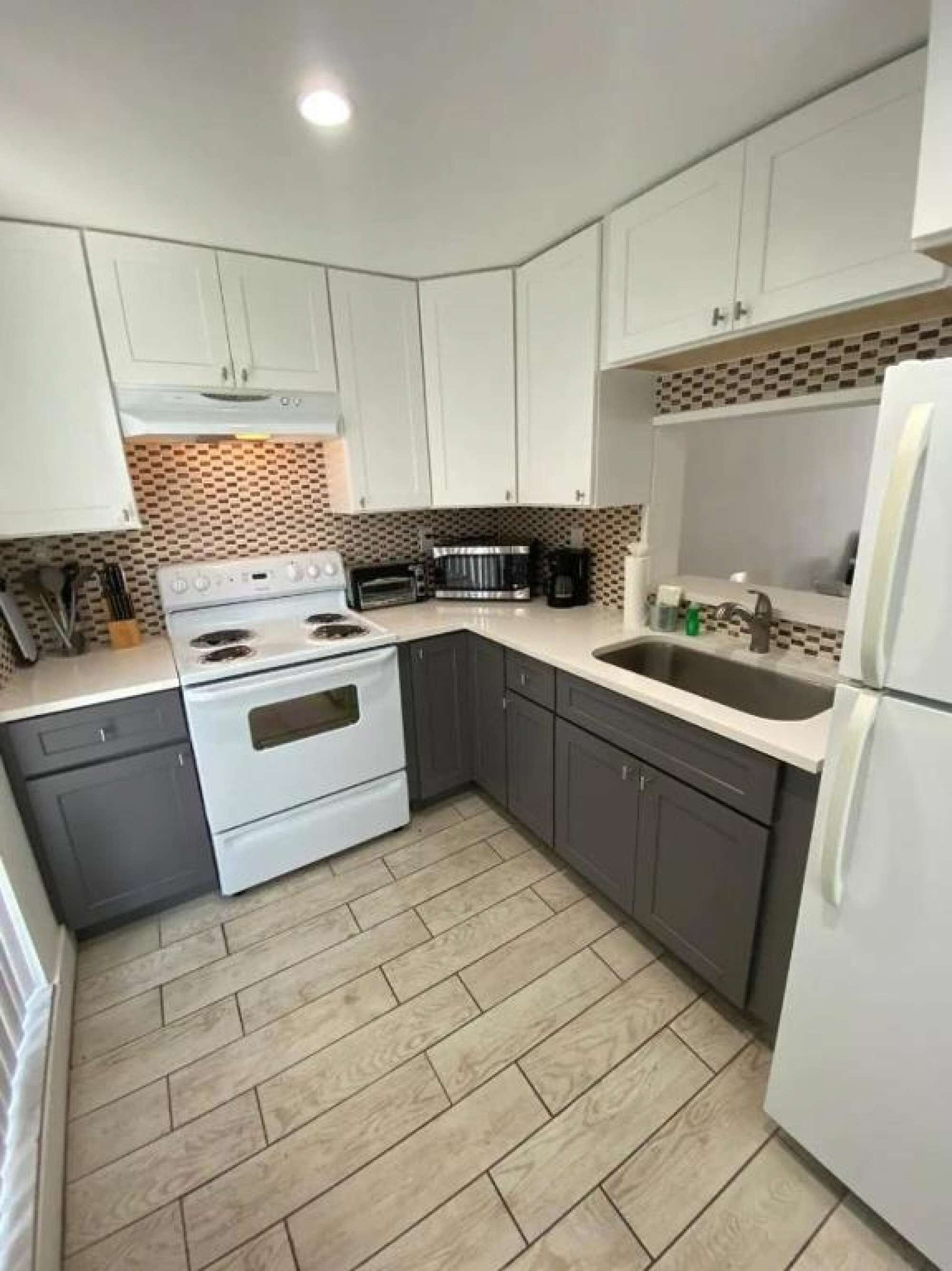 Großer Kühlschrank, Mikrowelle, Herdplatte, Geschirrspüler