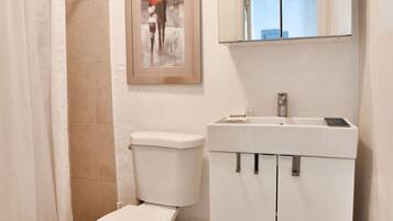 Shower, hair dryer, towels