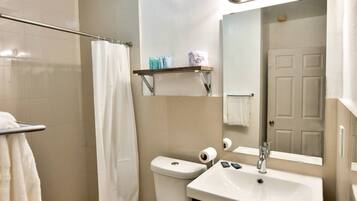 Shower, free toiletries, hair dryer, towels