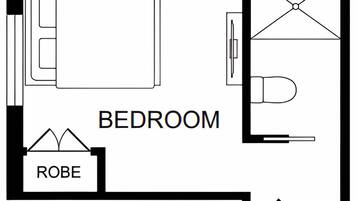 Distribución de un dormitorio con cama, mesita de noche, silla y armario.