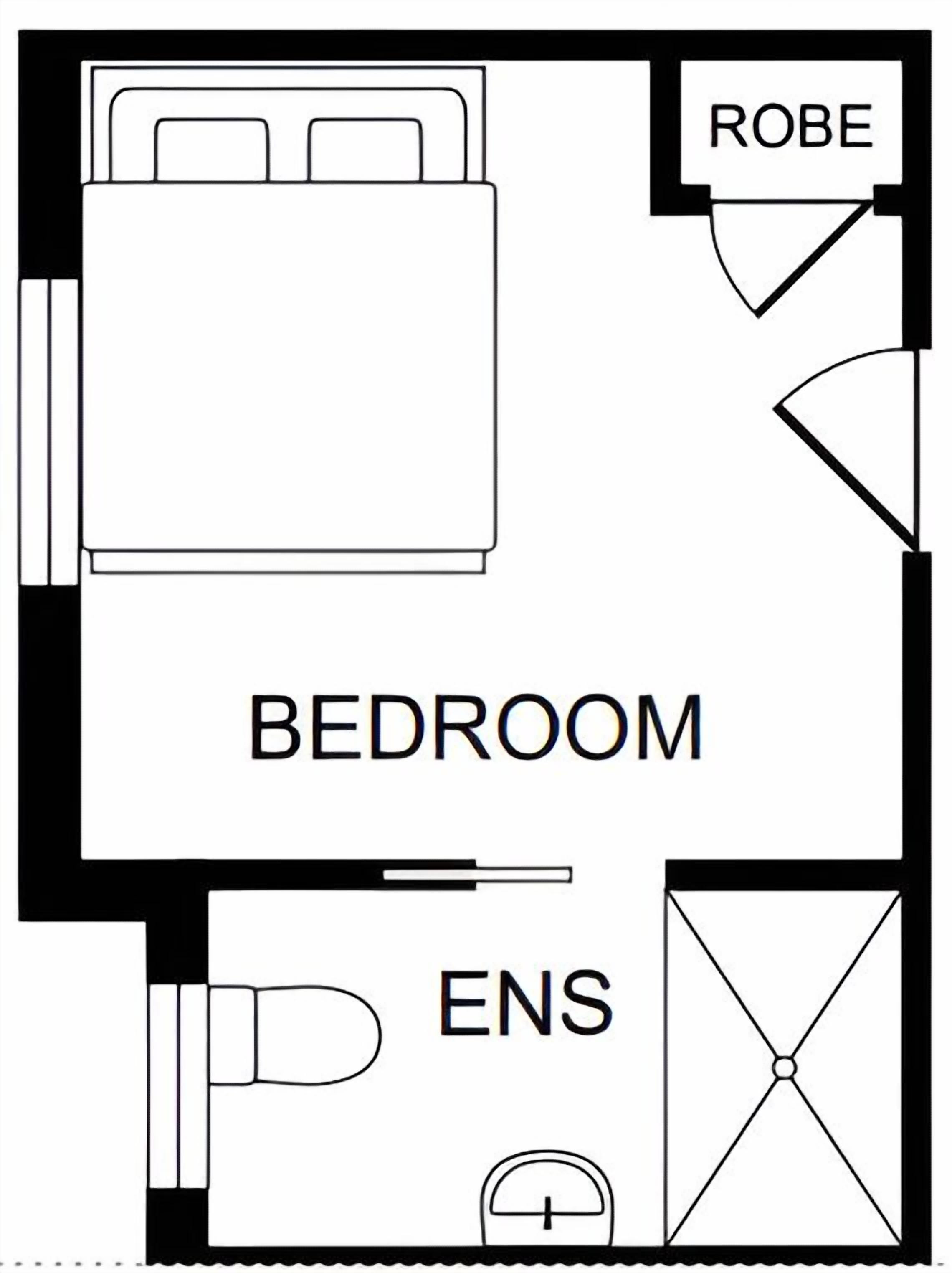 A bedroom with a bed, a robe, an en-suite bathroom, and a toilet.