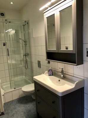 Hair dryer, towels, soap, toilet paper