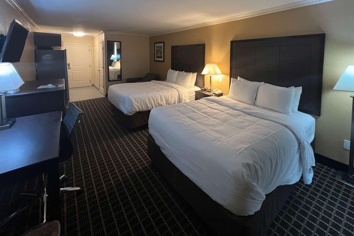 Une chambre d’hôtel avec deux lits, un bureau, une chaise, une télévision et une salle de bain.