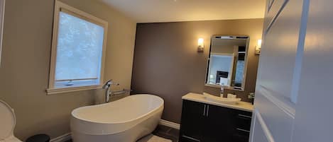 Combined shower/bathtub, hair dryer, towels, soap