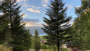 Une terrasse en bois surplombant un village avec des maisons et un lac, le tout entouré d’arbres.
