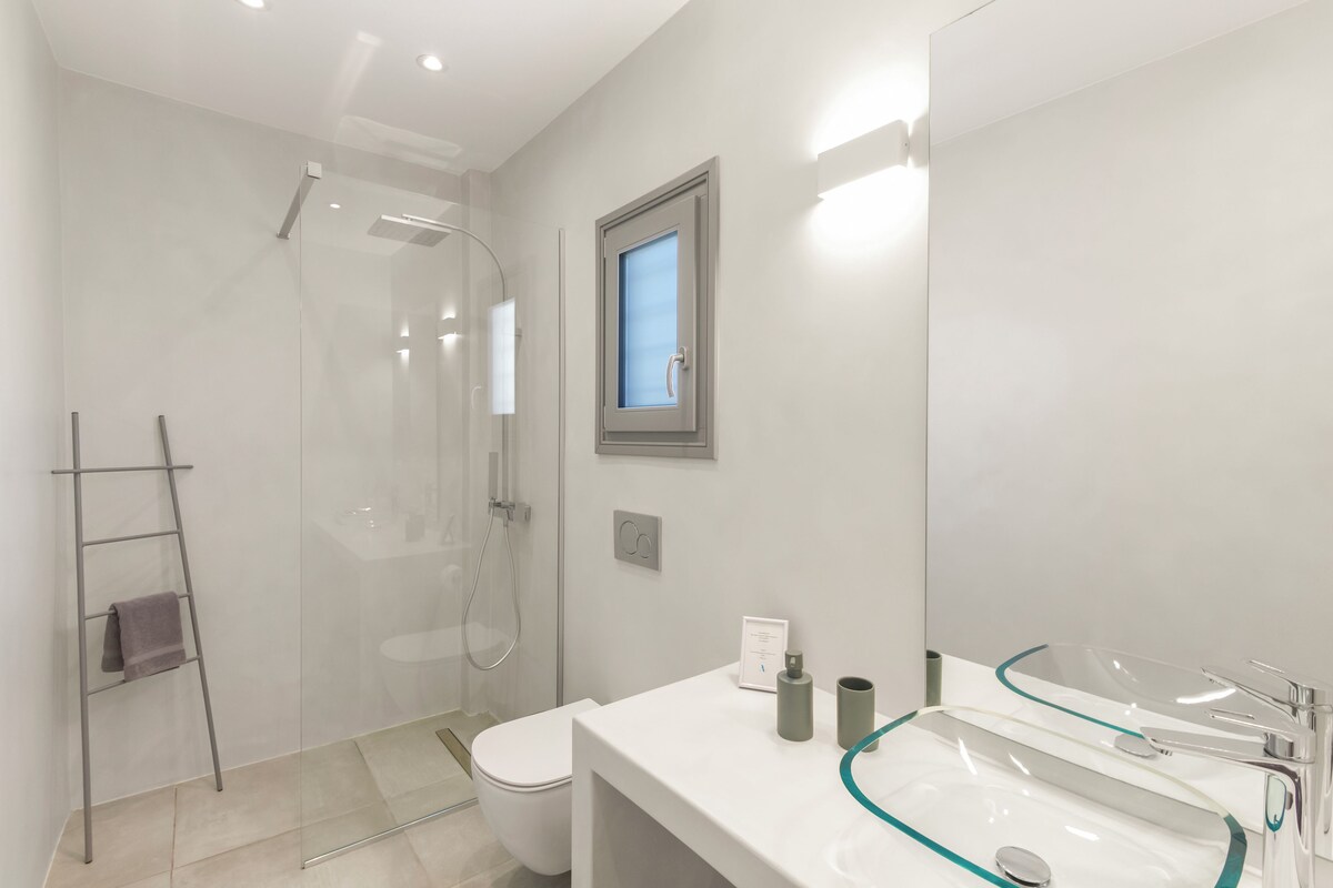 A modern bathroom with a glass shower enclosure, a toilet, and a vanity with a glass sink.