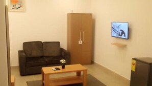 Un espace de vie compact comprenant un canapé, une table basse en bois, un téléviseur fixé au mur et une armoire.