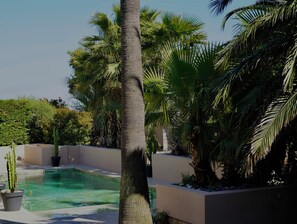 A pool surrounded by palm trees and cacti, with a clear sky above. - SPACIOUS GROUND-FLOOR APARTMENT IN VILLA HEATED POOL A/C NEAR SEA & SAINT-TROPEZ (Fréjus)