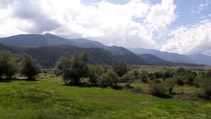 A mountainous landscape with green fields and trees. - Guesthouse Toni (Bansko)