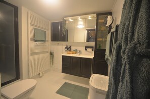 Douche, séchoir à cheveux, serviettes fournies, savon