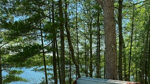 A hot tub in a forested area with a view of a lake. - Greatwood (Turtle Lake)