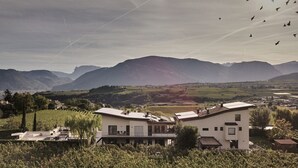 A modern two-story building with a flat roof, surrounded by vineyards and mountains.