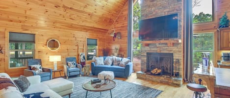 TV, fireplace, books