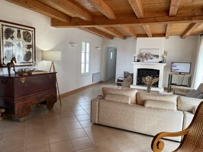 Télévision, cheminée, lecteur de DVD, livres