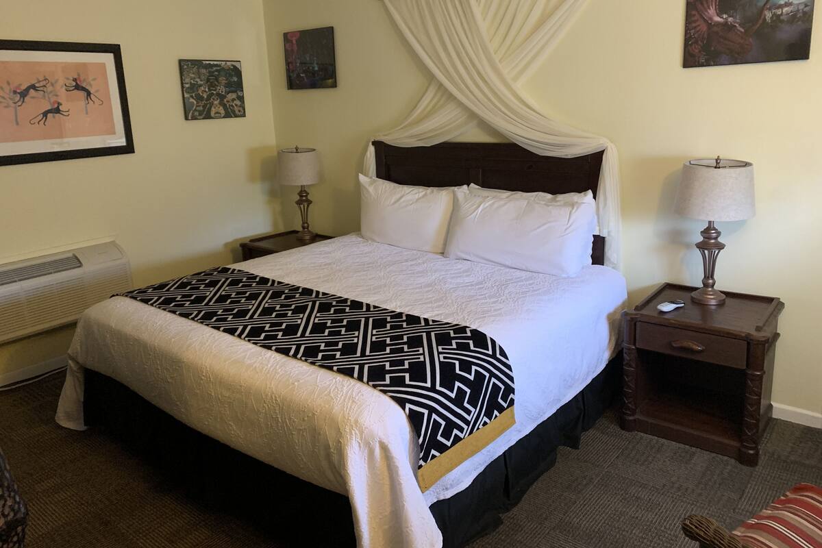 A neatly made bed with a patterned bedspread, a bedside lamp, and a nightstand with a remote control.