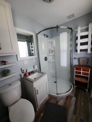 Shower, hair dryer, towels, soap