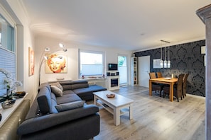 Smart TV, fireplace, DVD player, books