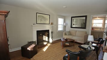 Smart TV, caminetto, lettore DVD, libri