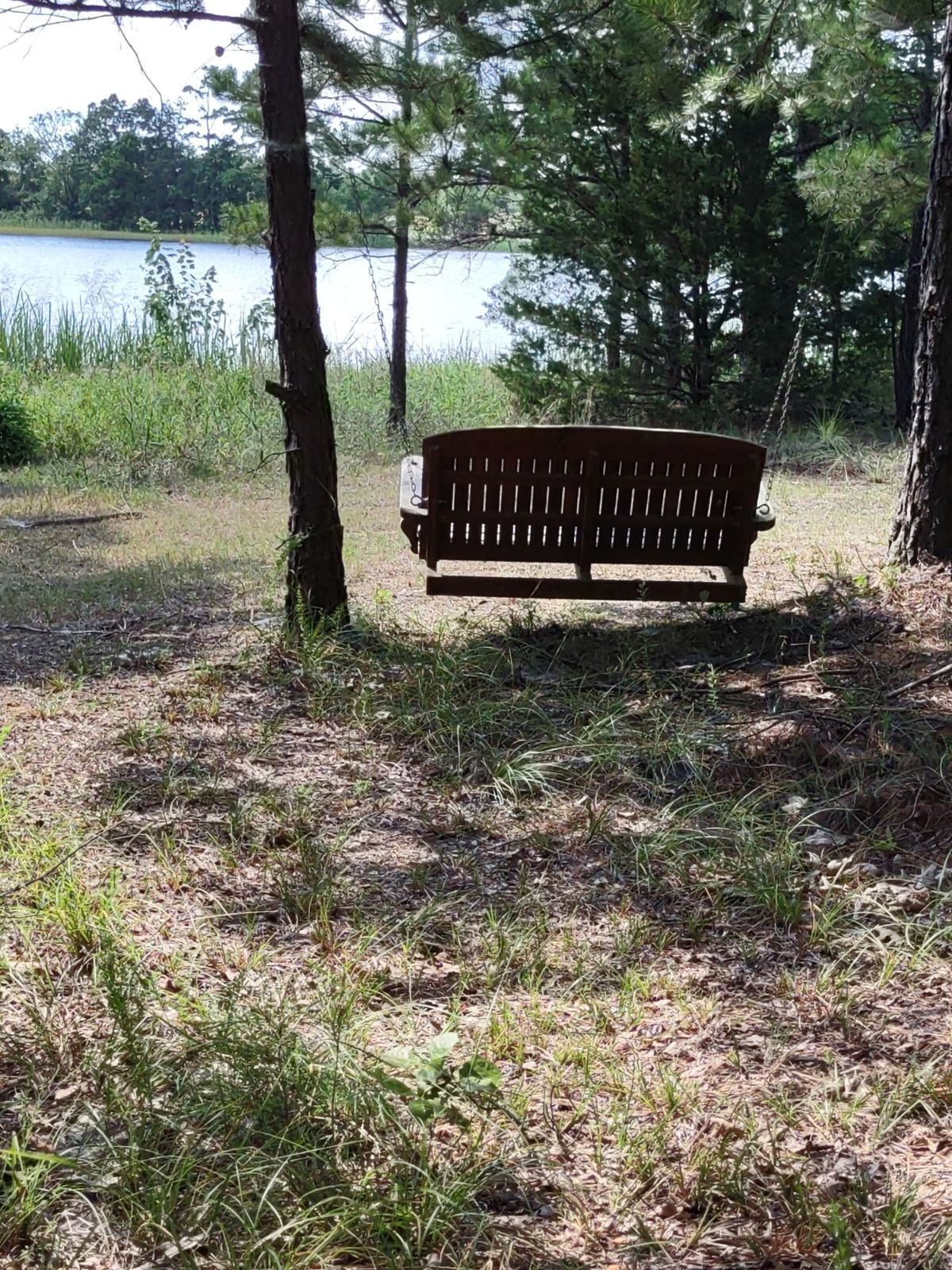 Een houten bankje in een natuurlijke omgeving, met een meer op de achtergrond.