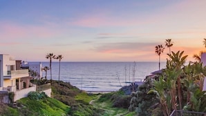 A coastal view with modern buildings, a pathway leading to the beach, and palm trees.
