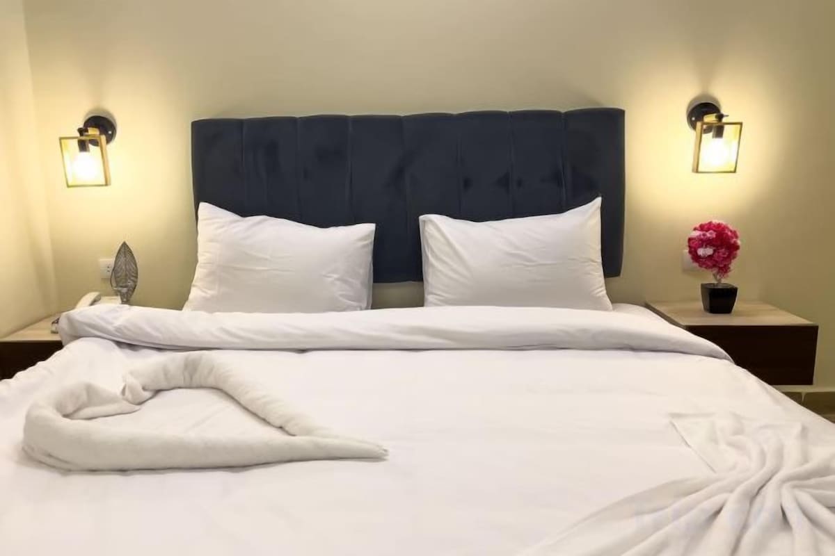 A neatly made bed with white linens, two bedside lamps, and a small potted plant.
