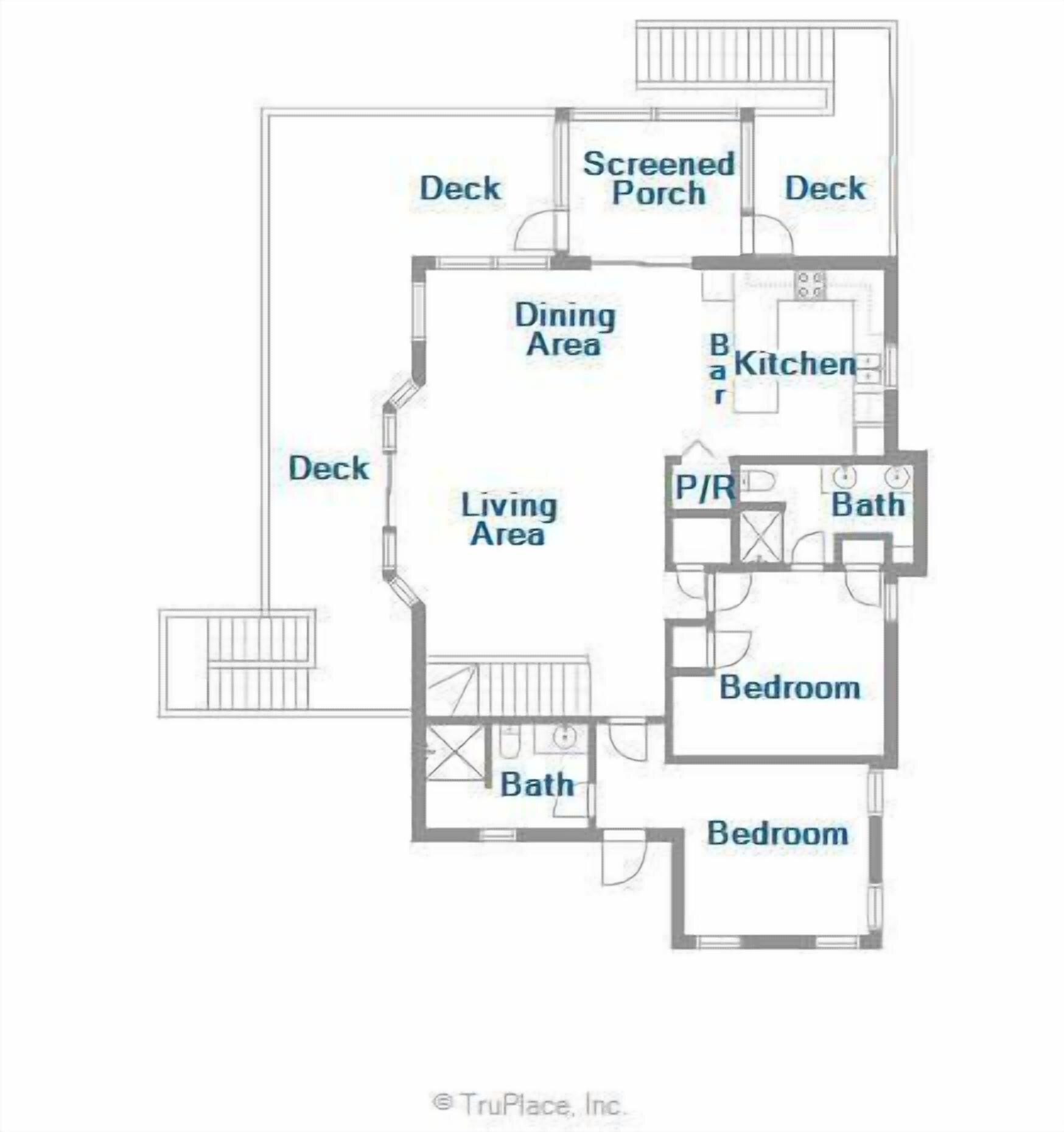 A floor plan with a living area, two bedrooms, a bathroom, a dining area, a screened porch, and a kitchen.