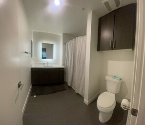 Hair dryer, towels, soap, shampoo